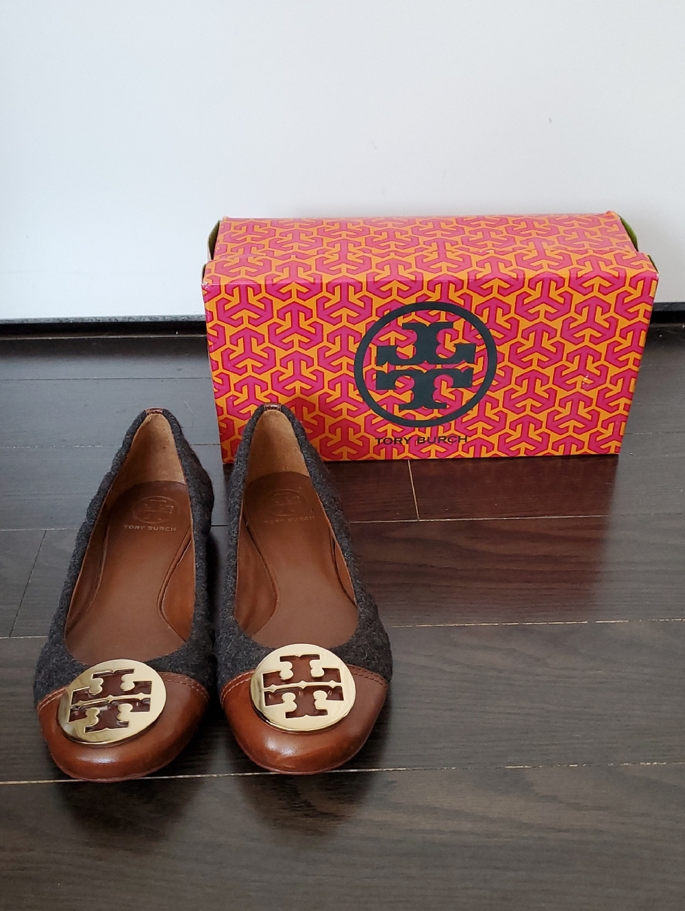 Tory Burch Charcoal Tweed & Brown Logo Cap-Toe Flats